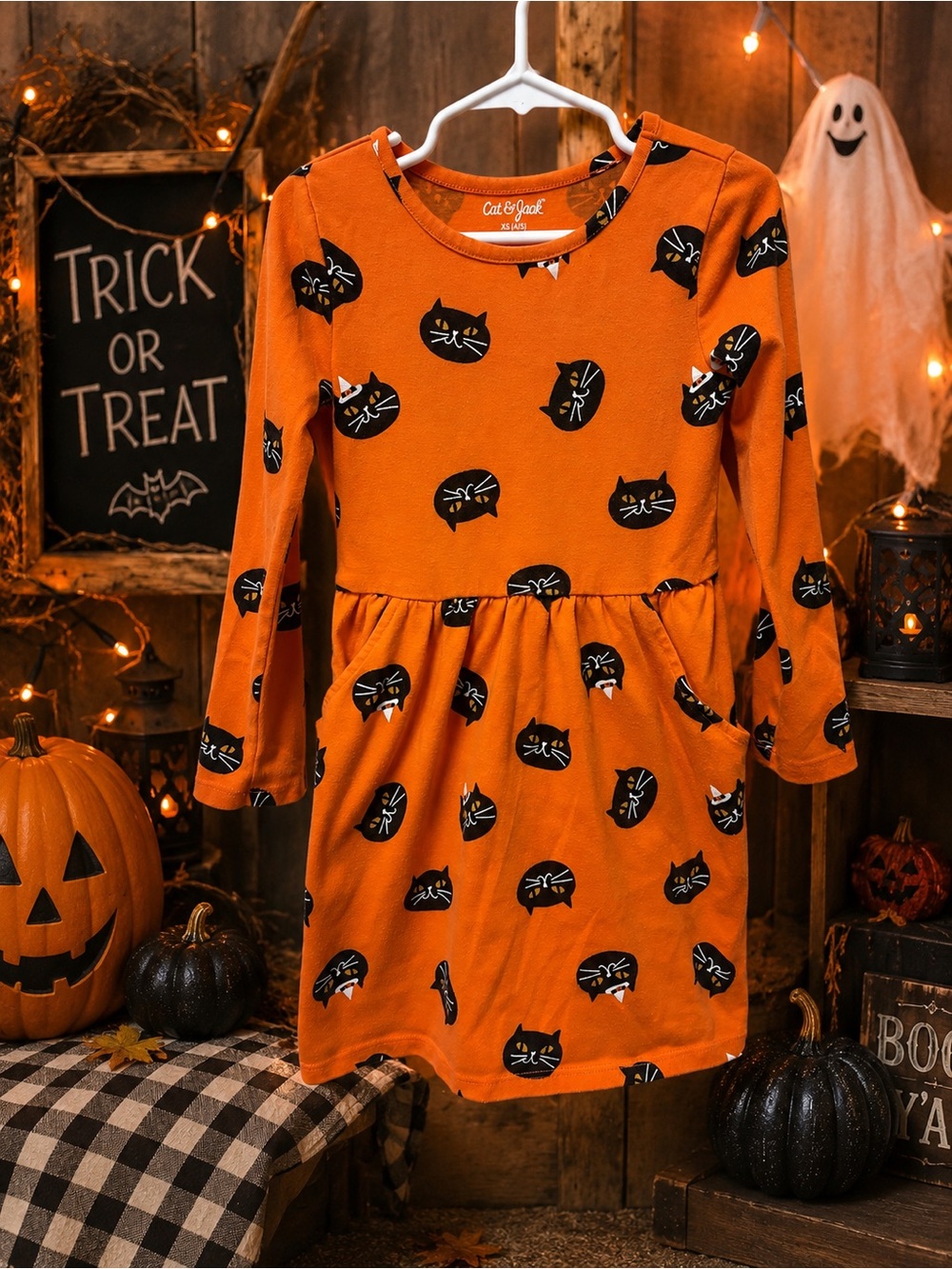 Cat & Jack Orange Long-Sleeve Halloween Cat Print Dress